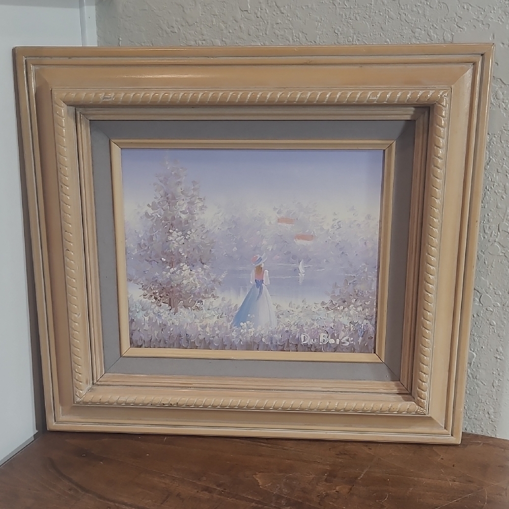 EUC Henri DuBois Original Oil Painting Lady by the Lake with Wood Frame